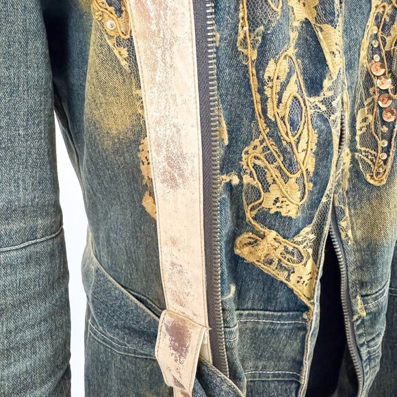 VINTAGE 90S ACID WASH SEQUIN DENIM TRENCH COAT JONINO - Picture 6 of 13